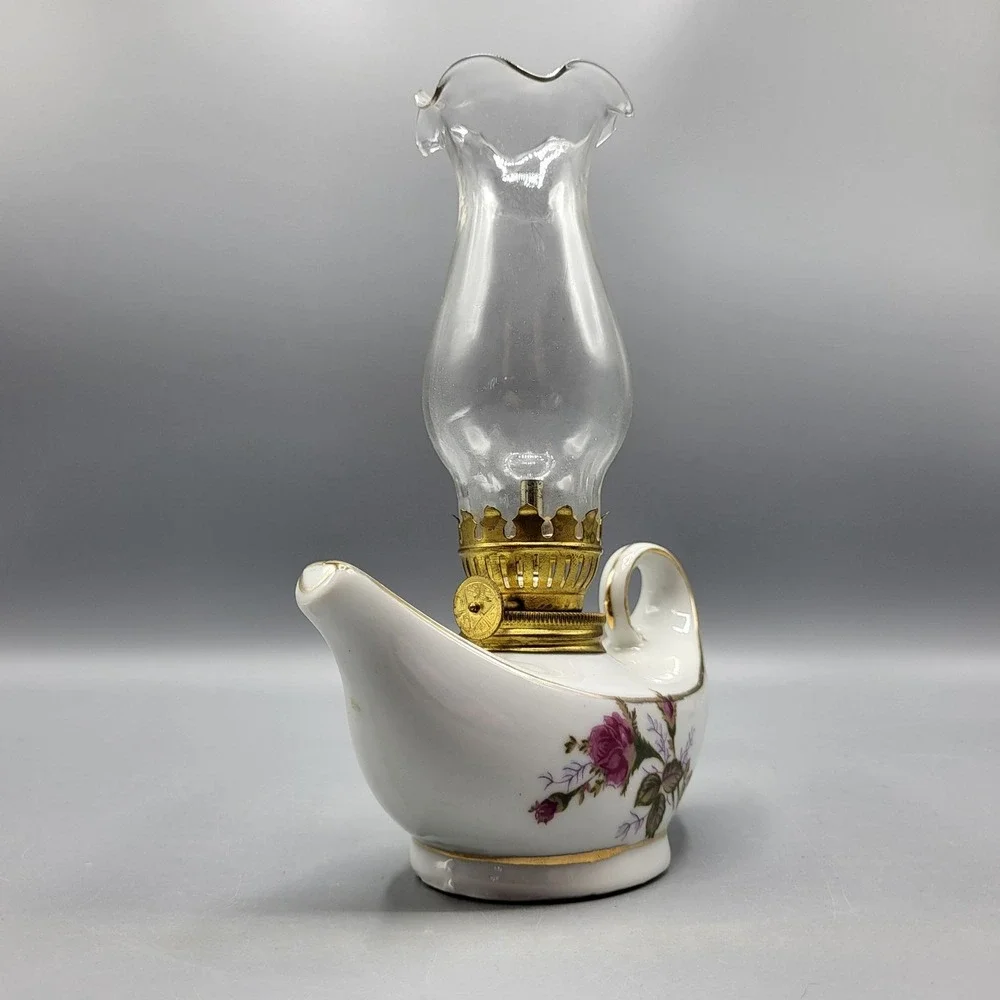 Vtg Genie Aladdin Mini Porcelain Oil Lamp Moss Rose Gold Trim Japan 7.5